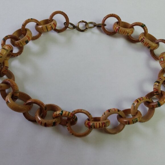 Vintage Wooden Link Ring Necklace Tropical Hand Painted Jewelry Antique Clasp - Picture 10 of 16